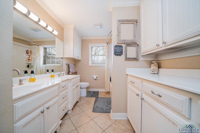 bathroom with toilet, a shower with curtain, tile patterned floors, ornamental molding, and vanity