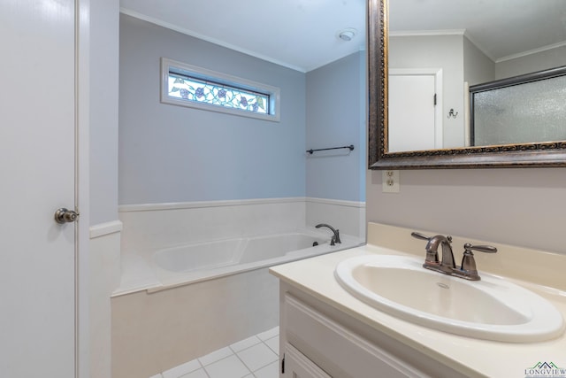 bathroom featuring tile patterned floors, vanity, shower with separate bathtub, and crown molding