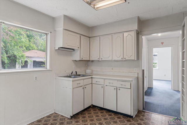 kitchen featuring light countertops, white cabinetry, a healthy amount of sunlight, and a sink