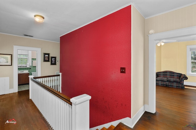 hall with dark hardwood / wood-style flooring, crown molding, and a wealth of natural light