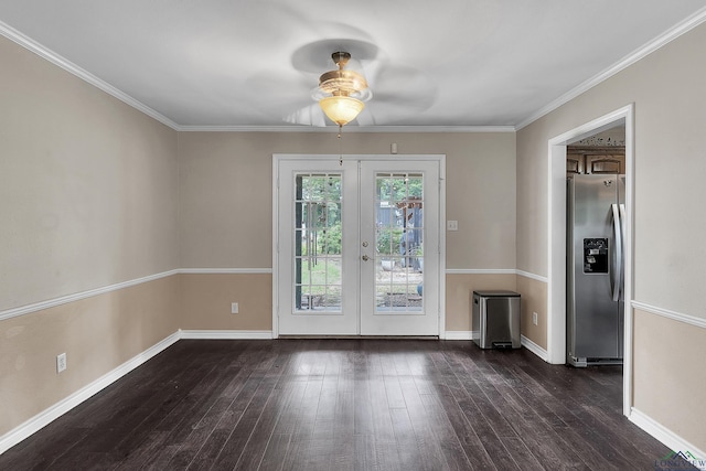 doorway to outside with crown molding, ceiling fan, french doors, and dark wood-type flooring