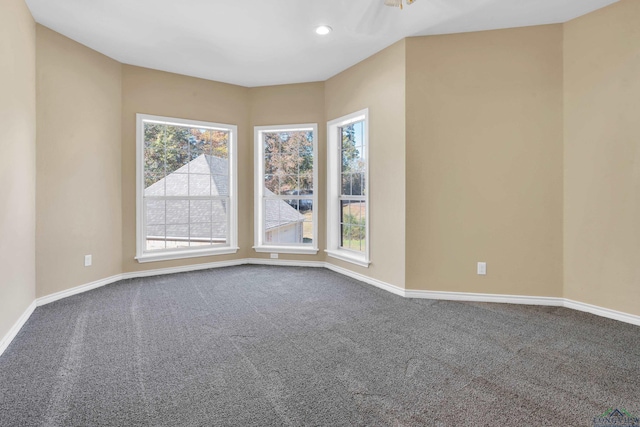 empty room featuring ceiling fan and carpet