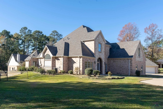 french provincial home with a garage and a front lawn