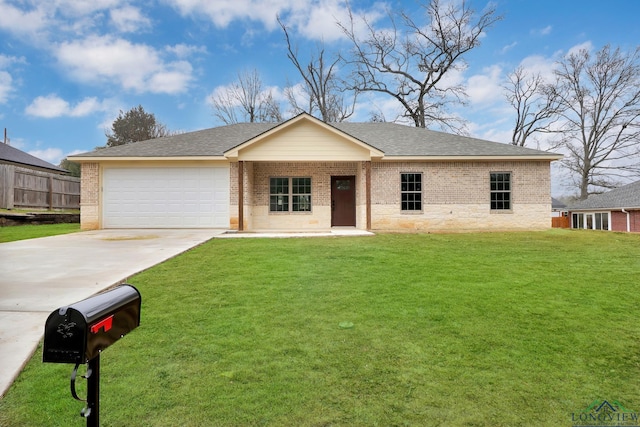 single story home featuring a garage and a front yard