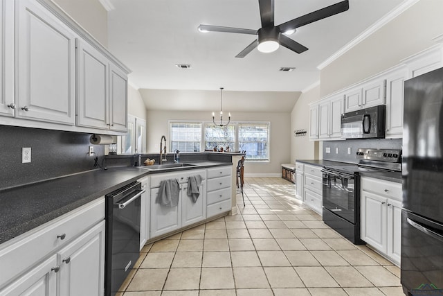 kitchen featuring white cabinets and black appliances