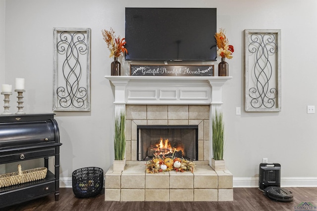 interior space with a tile fireplace and hardwood / wood-style floors