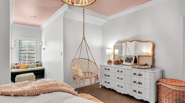 carpeted bedroom with crown molding and a textured ceiling