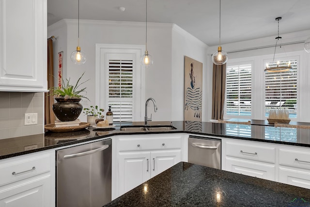 kitchen with dishwasher, decorative light fixtures, white cabinetry, and sink