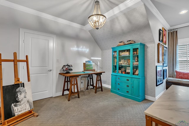 interior space featuring a notable chandelier, ornamental molding, and vaulted ceiling