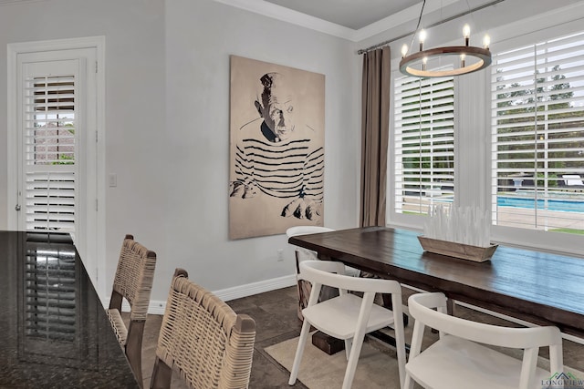 tiled dining room with crown molding and an inviting chandelier