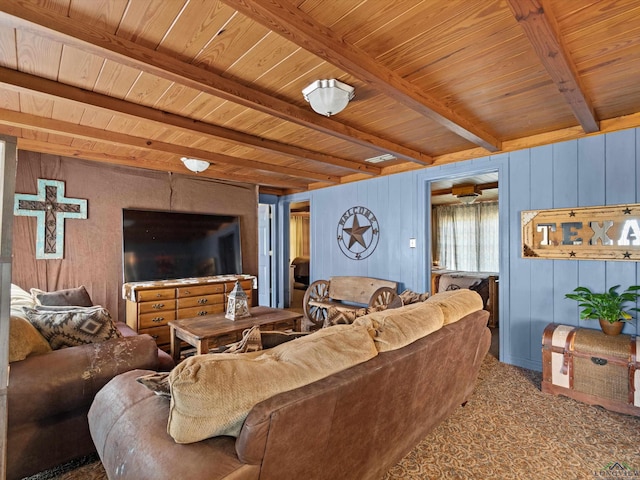 living room featuring beamed ceiling, wood walls, and wood ceiling