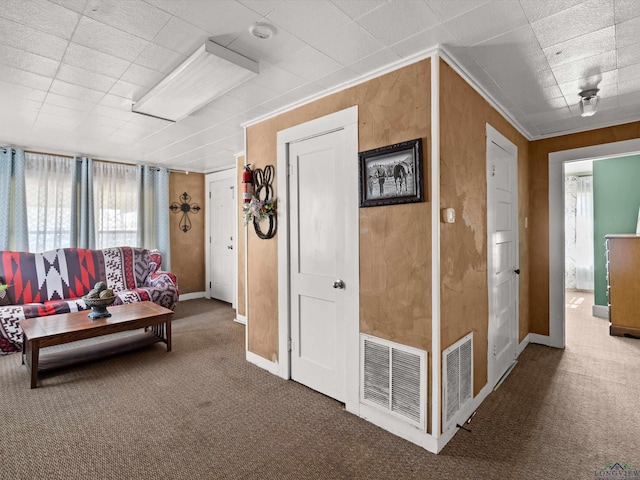 hallway featuring carpet and ornamental molding