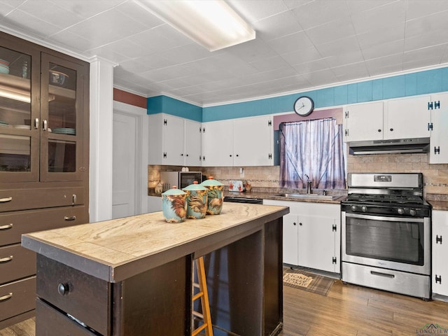 kitchen featuring tasteful backsplash, a kitchen island, sink, white cabinetry, and stainless steel range with gas stovetop