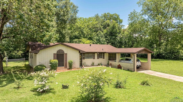 207 E Eleanor St, Gladewater, TX 75647 - ranch-style home featuring driveway, a carport, brick siding, and roof with shingles