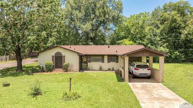 207 E Eleanor St, Gladewater, TX 75647 - ranch-style house with driveway, brick siding, an attached carport, and roof with shingles