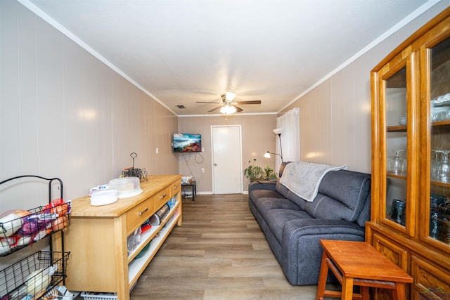207 E Eleanor St, Gladewater, TX 75647 - living room with ornamental molding, light wood-style floors, and a ceiling fan