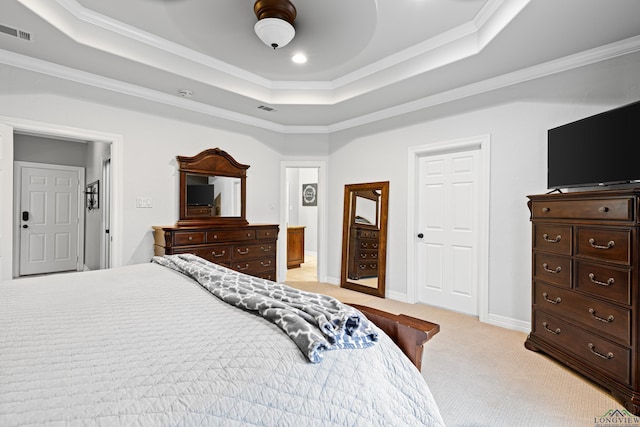 1844 Raven Rd, Diana, TX 75640 - bedroom featuring a raised ceiling, light colored carpet, crown molding, ensuite bath, and baseboards