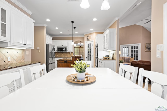 1844 Raven Rd, Diana, TX 75640 - dining space featuring crown molding, recessed lighting, and a chandelier