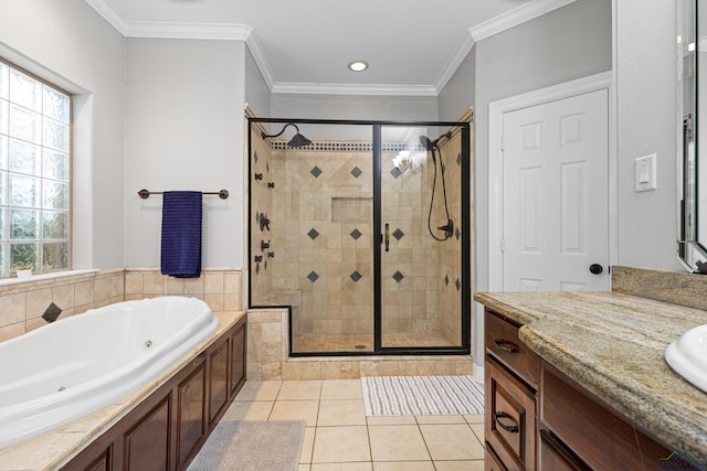 1844 Raven Rd, Diana, TX 75640 - full bath featuring a shower stall, a jetted tub, vanity, tile patterned floors, and ornamental molding