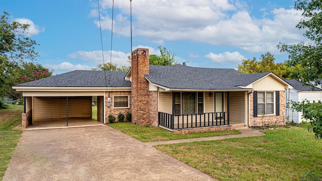 single story home featuring a front lawn, a porch, and a carport