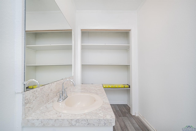 bathroom featuring vanity, hardwood / wood-style flooring, and ornamental molding