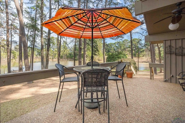 view of patio / terrace featuring ceiling fan and a water view