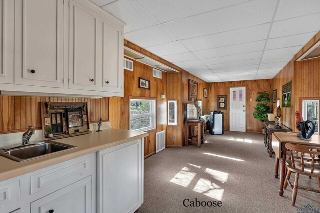 kitchen featuring sink, white cabinets, a drop ceiling, and light colored carpet