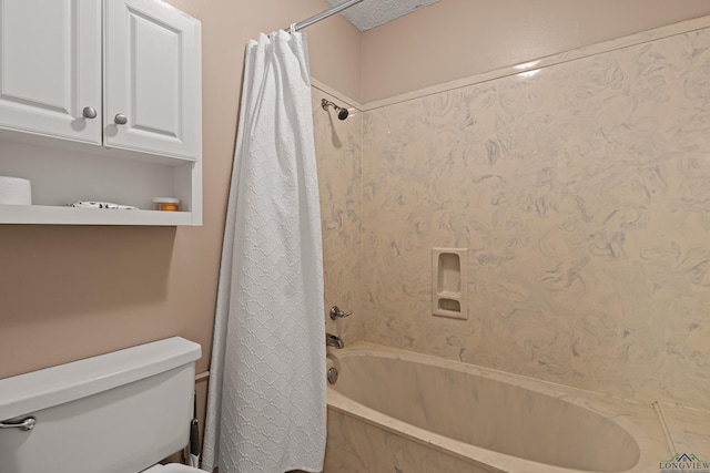 bathroom featuring toilet and shower / bathtub combination with curtain