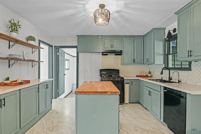 kitchen featuring sink, wood counters, green cabinets, a kitchen island, and black appliances