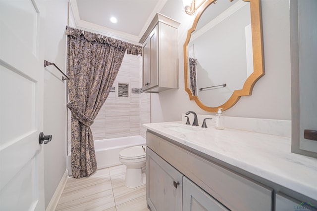 full bathroom featuring tile patterned floors, shower / tub combo with curtain, vanity, and toilet