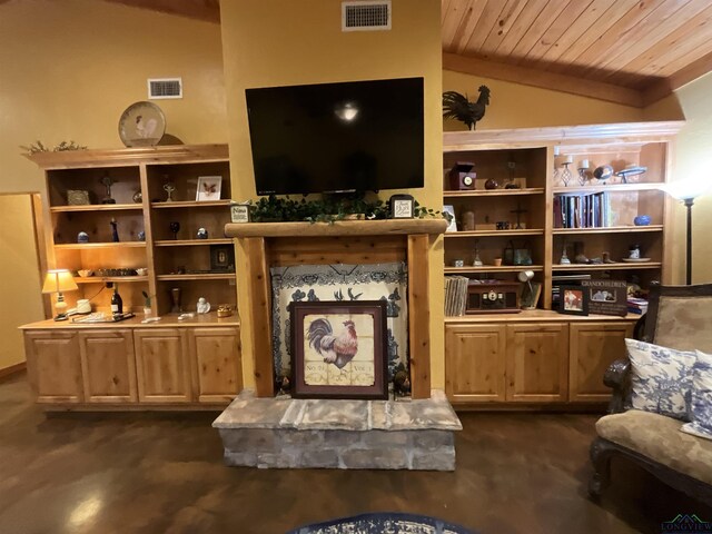 living room with lofted ceiling and wooden ceiling