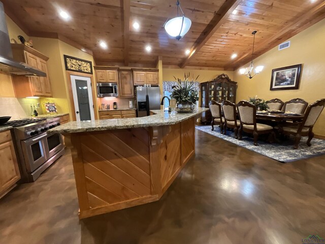 kitchen with wood ceiling, stainless steel appliances, decorative light fixtures, a center island with sink, and vaulted ceiling with beams