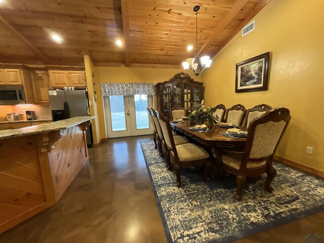 dining space with lofted ceiling with beams, wooden ceiling, french doors, and a chandelier