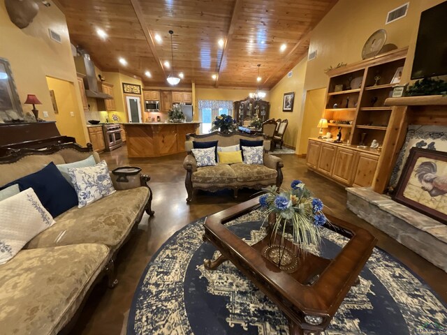 living room with high vaulted ceiling, wood ceiling, and a notable chandelier