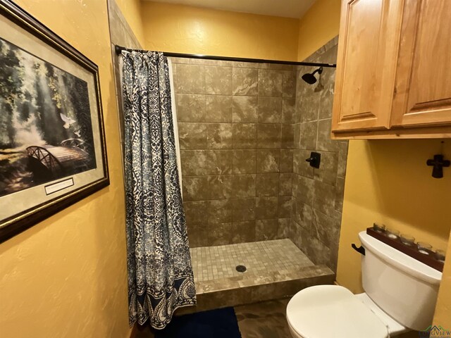 bathroom with curtained shower and toilet