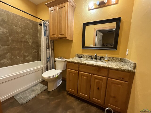 full bathroom with vanity, toilet, shower / bath combo with shower curtain, and concrete flooring