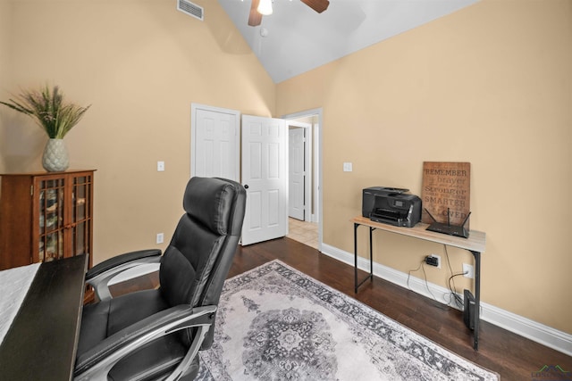 office area featuring ceiling fan, high vaulted ceiling, and dark wood-type flooring