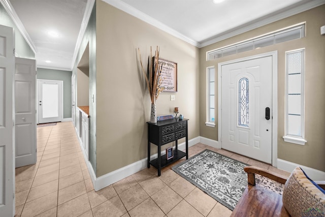 entryway featuring light tile patterned flooring and ornamental molding