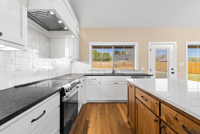 169 Andres Ln, Kilgore, TX 75662 - kitchen with custom range hood, stainless steel range with electric stovetop, decorative backsplash, a sink, and wood finished floors