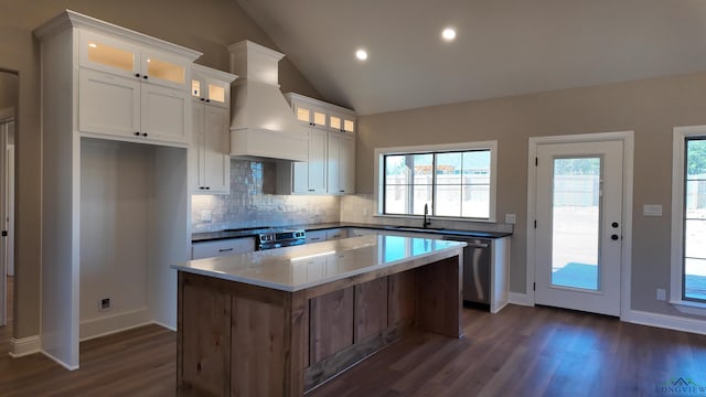 kitchen with lofted ceiling, a sink, appliances with stainless steel finishes, custom exhaust hood, and decorative backsplash