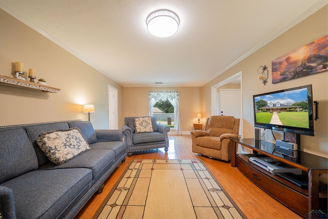 living room featuring a textured ceiling, crown molding, and light wood-type flooring