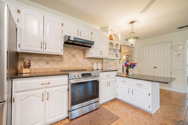 kitchen with white cabinetry, appliances with stainless steel finishes, kitchen peninsula, and tasteful backsplash