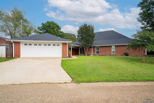 single story home with a front yard and a garage