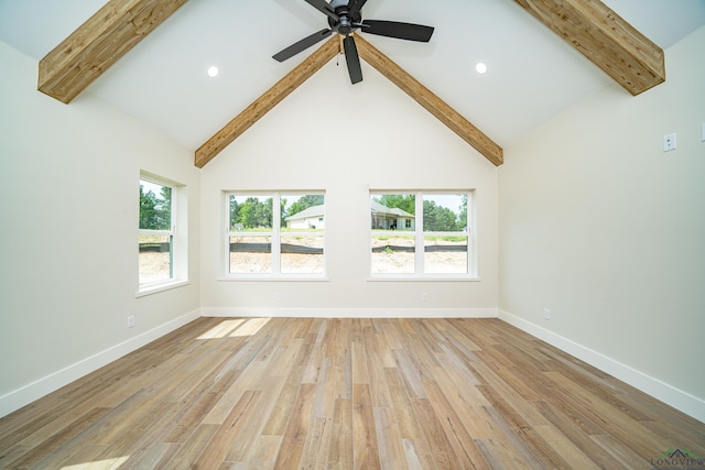 unfurnished living room featuring beamed ceiling, ceiling fan, high vaulted ceiling, and light hardwood / wood-style flooring