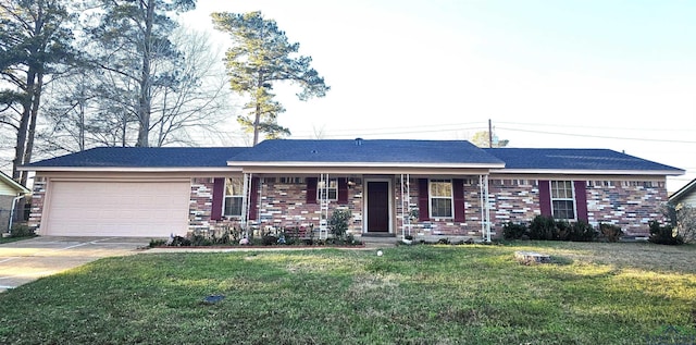 ranch-style house with a garage and a front lawn