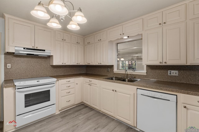 kitchen featuring backsplash, white appliances, sink, pendant lighting, and light hardwood / wood-style flooring