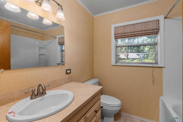 full bathroom with vanity, bathing tub / shower combination, tile patterned floors, crown molding, and toilet