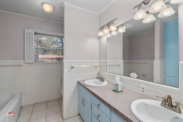 bathroom featuring vanity, tile patterned floors, tile walls, and crown molding