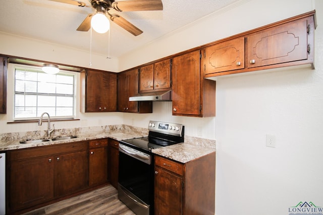 kitchen with stainless steel range with electric cooktop, ceiling fan, a sink, wood finished floors, and under cabinet range hood