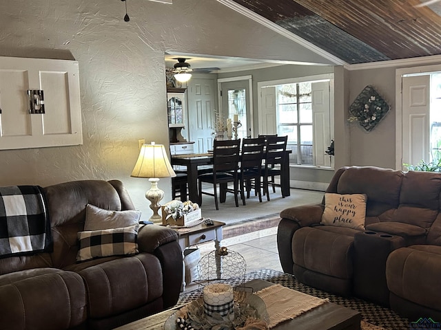 living room featuring ceiling fan, lofted ceiling, crown molding, and wood ceiling